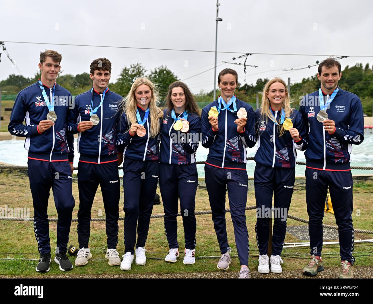 Waltham Cross, United Kingdom. 19th Sep, 2023. 2023 Canoeing World Championships. Lee Valley White Water Centre. Waltham Cross. (l to r) James Kettle (GBR, silver), Adam Burgess (GBR, silver), Phoebe Spicer (GBR, bronze), Kimberley Woods (GBR, gold and bronze), Mallory Franklin (GBR, gold and bronze), Ellis Miller (GBR, gold) and Ryan Westley (GBR, silver. )The British medalists from the first day of finals during the 2023 Canoeing World Championships at Lee Valley White Water Centre, United Kingdom. Credit: Sport In Pictures/Alamy Live News Stock Photo