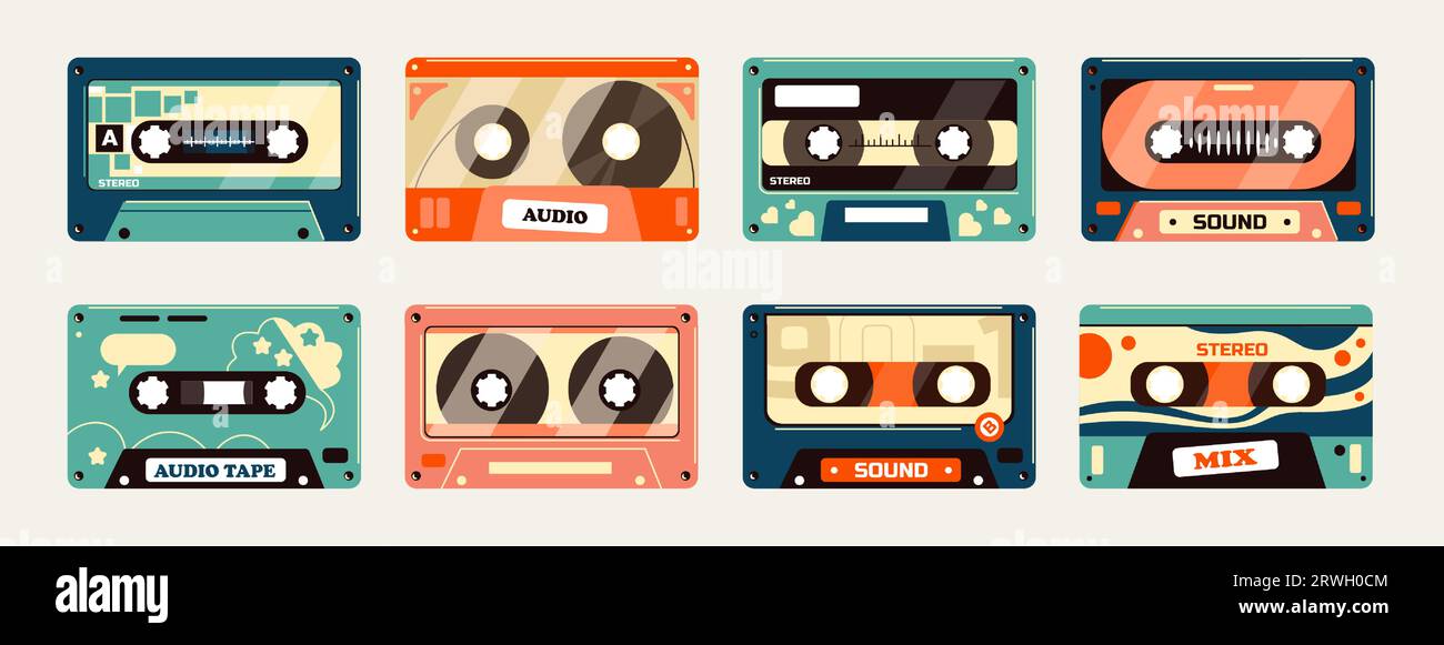 Retro cassette. Vintage 80s tape with stereo music, compact stereo audio tape with DJ music, retro disco sound source. Vector illustration Stock Vector