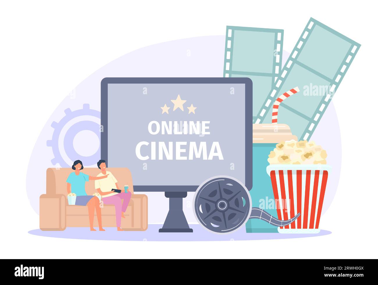 Online cinema concept, pop corn and sofa Stock Vector