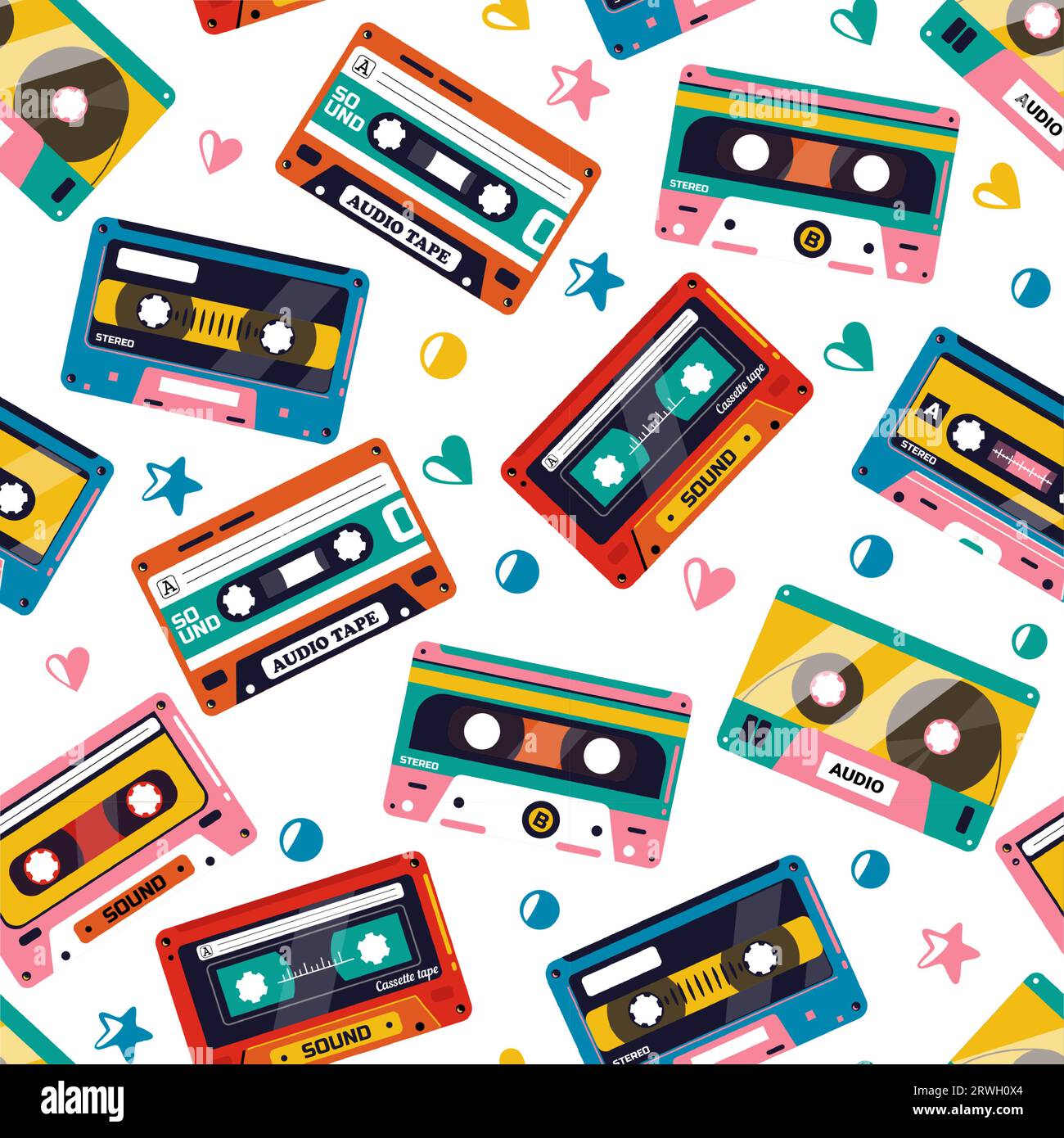 Tape cassette pattern. Seamless print of old outdated tape audio cassette, retro stereo music tape texture for wrapping paper. Vector illustration Stock Vector