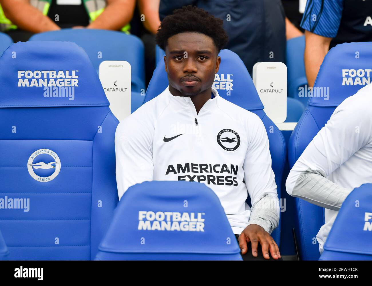 Brighton and Hove Albion v  Newcastle United - Premier League match at the American Express Community Stadium, Brighton. Saturday 2nd September 2023 - Brighton defender Tariq Lamptey on the bench       No merchandising. For Football images FA and Premier League restrictions apply inc. no internet/mobile usage without FAPL license - for details contact Football Dataco Stock Photo