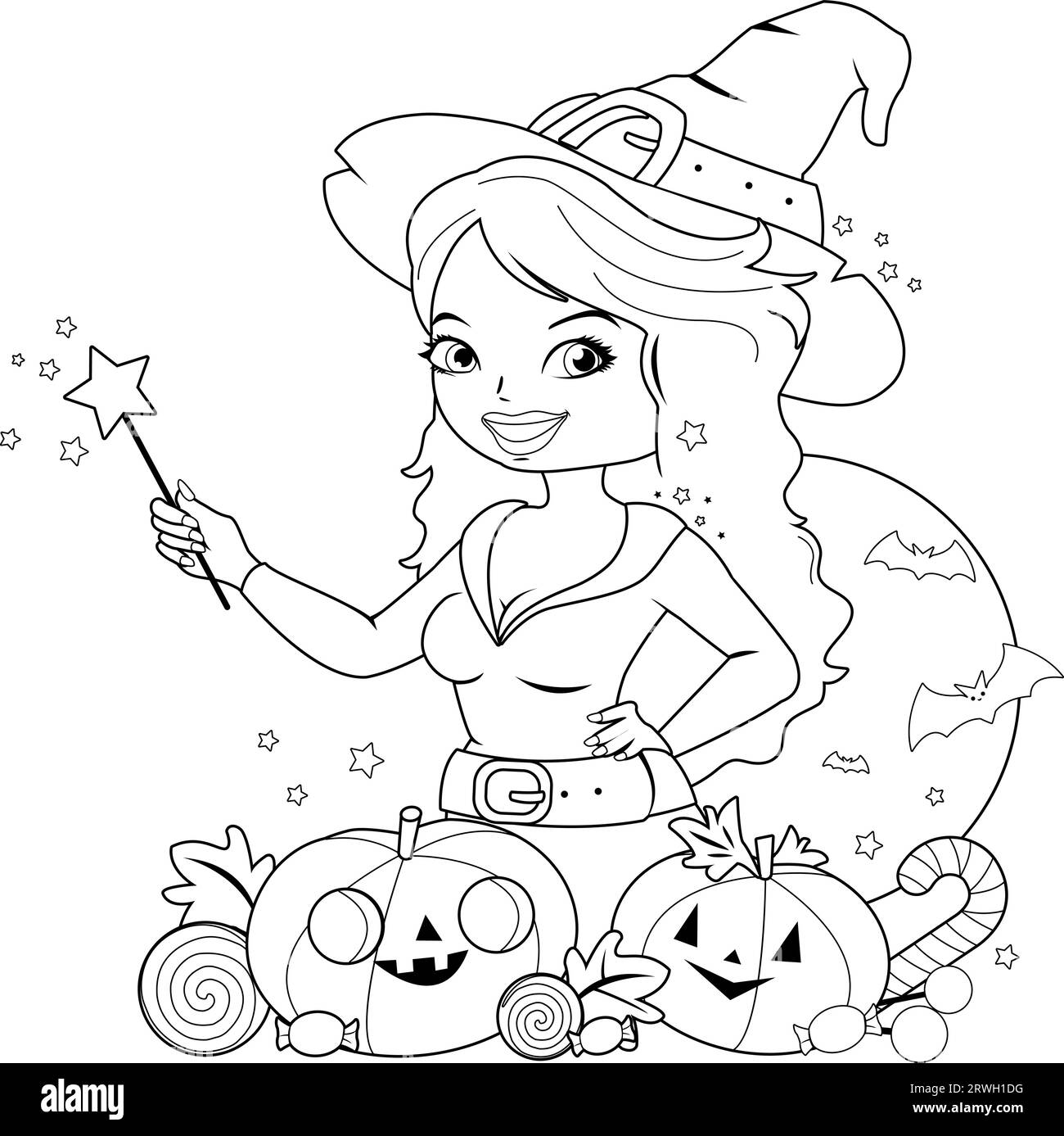 Halloween witch, pumpkins and treats. Vector black and white coloring page. Stock Vector