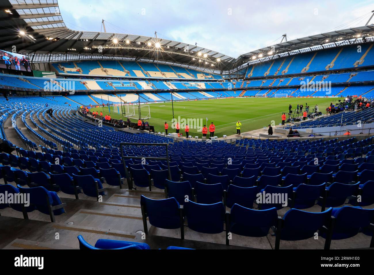 Interior view of the Etihad Stadium ahead of the UEFA Champions League match Manchester City vs Red Star Belgrade at Etihad Stadium, Manchester, United Kingdom, 19th September 2023  (Photo by Conor Molloy/News Images) Stock Photo