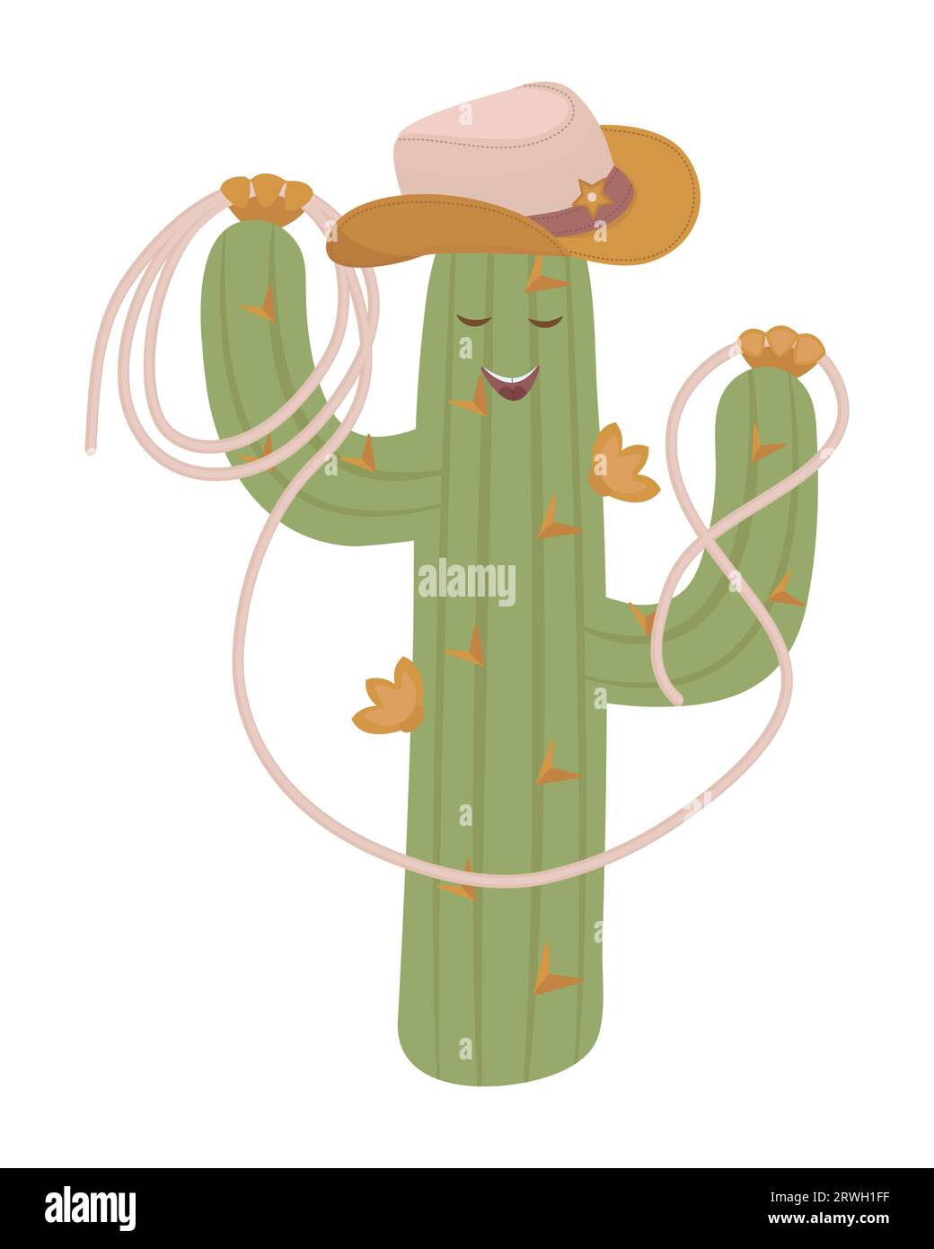 Cactus cowboy with stetson hat and lasso rope, cute color vector illustration made in boho style Stock Vector
