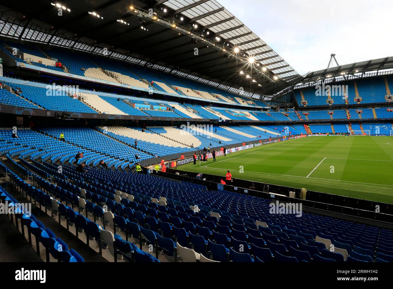 Interior view of the Etihad Stadium ahead of the UEFA Champions League match Manchester City vs Red Star Belgrade at Etihad Stadium, Manchester, United Kingdom, 19th September 2023  (Photo by Conor Molloy/News Images) Stock Photo
