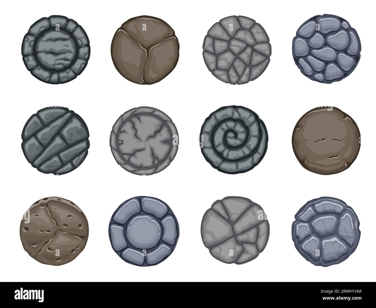 Round stones buttons. Cartoon empty round game UI elements, 2D sprite graphic frames for rating badge, achievement and UI layout. Vector set Stock Vector