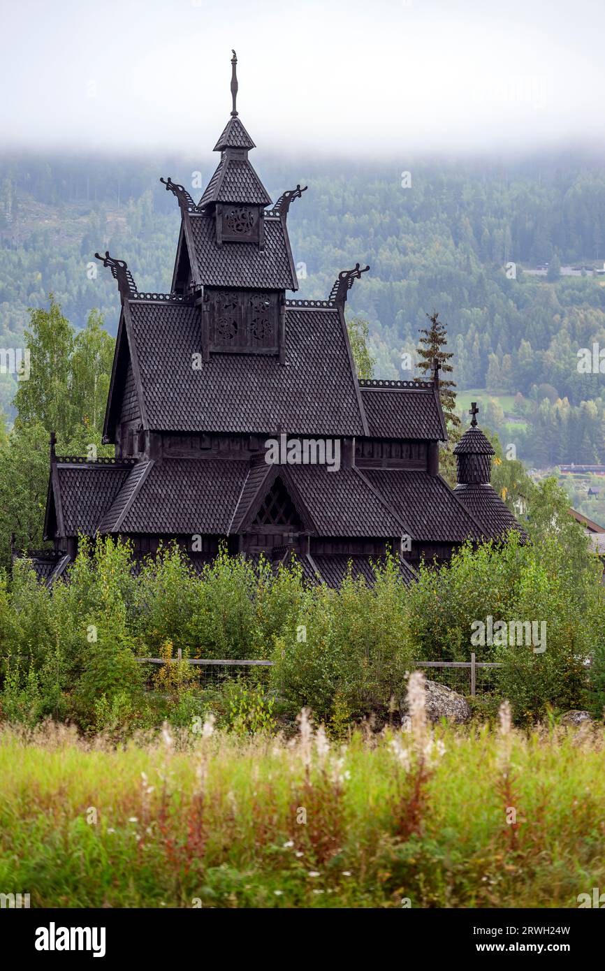 Gol stave church (Grodarike, Gol, Viken) Norway built in 1980, is a copy of the original church that was build 1200-century and moved to Oslo in 1882. Stock Photo