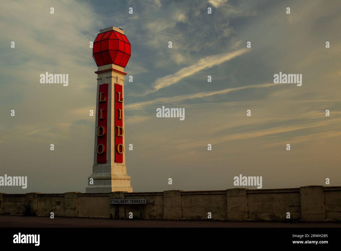 The tower at the closed lido in Margate, Kent at sunrise. Includes space for copy Stock Photo