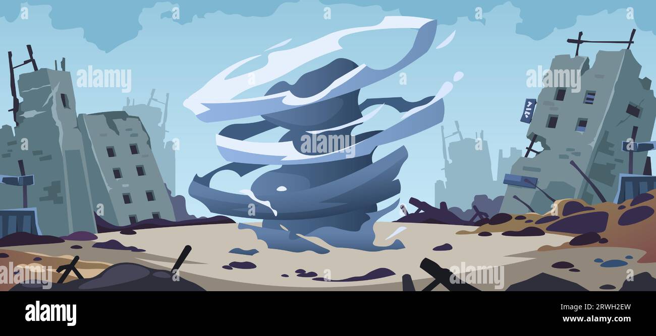 Tornado catastrophe background. Cartoon hurricane windstorm destruction, buildings demolished by cyclone, tornado stormy disaster concept. Vector Stock Vector