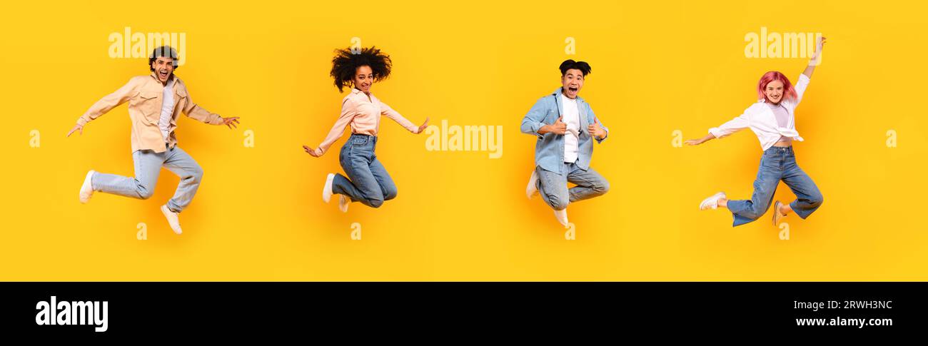 Emotional teen students jumping up high in the air isolated on yellow studio background, panorama Stock Photo