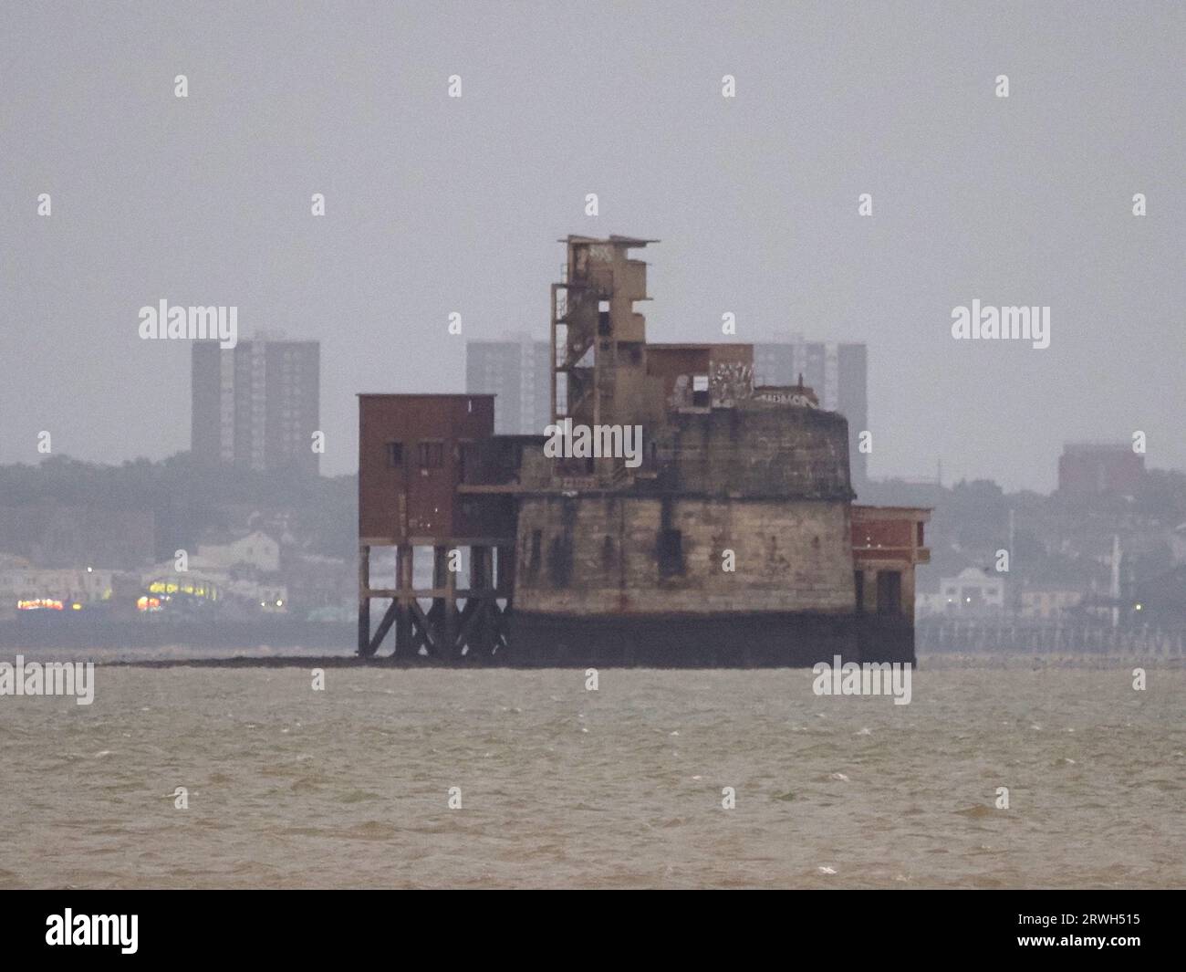 Sheerness, Kent, UK. 19th Sep, 2023. Unique property 'No 1 The Thames' is to be sold at auction by Savills tomorrow guide price £150,000, otherwise known as Grain Tower - a mid 19century gun tower set off the Isle of Grain, at the mouth of the Medway and opposite the Port of Sheerness. The tower pictured from Queenborough this evening. Credit: James Bell/Alamy Live News Stock Photo