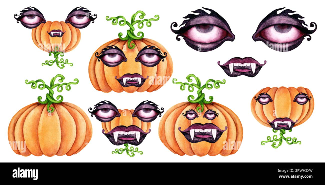Watercolor monster pumpkins for Halloween and fantasy masks with eyes and lips. Elements isolated on white background Stock Photo