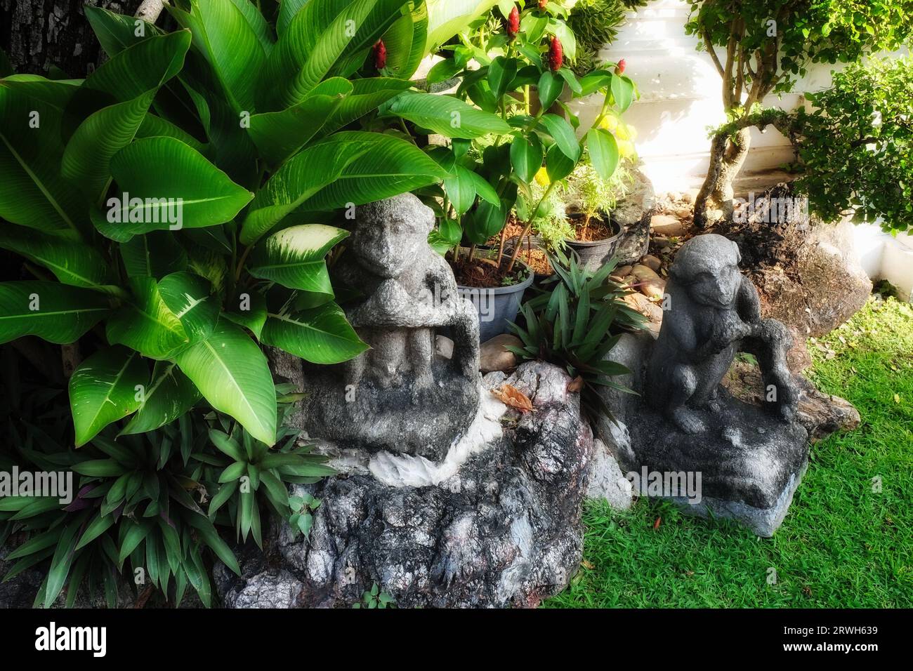 A garden with a stone statue and various plants. It statue made of