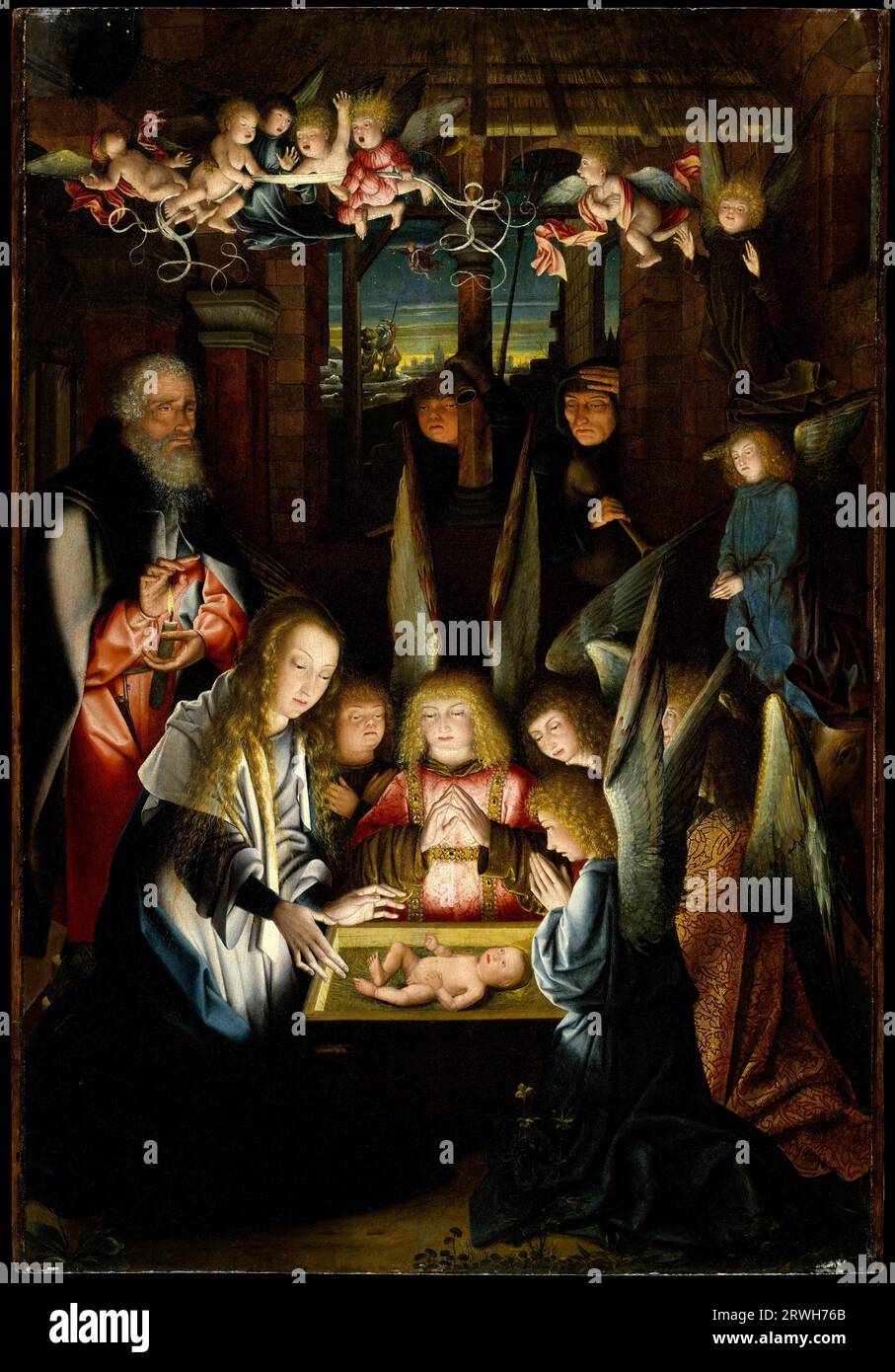 The Adoration of the Christ Child, oil painting on wood by a Follower of Dutch artist Jan Joest of Kalkar,  ca. 1500s Stock Photo