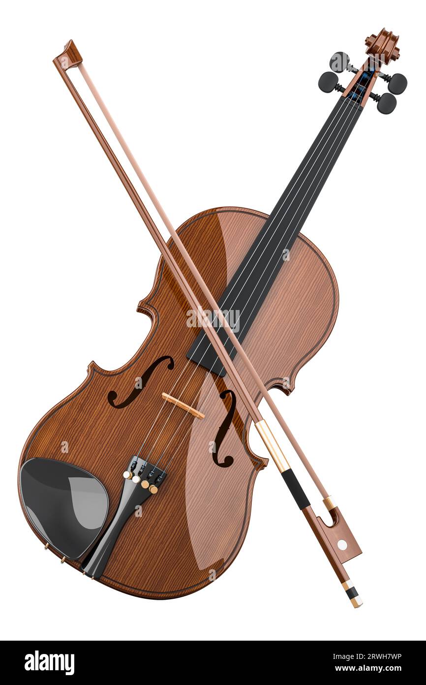 Violin with bow. Classic wooden violin with 4 adjustable strings and