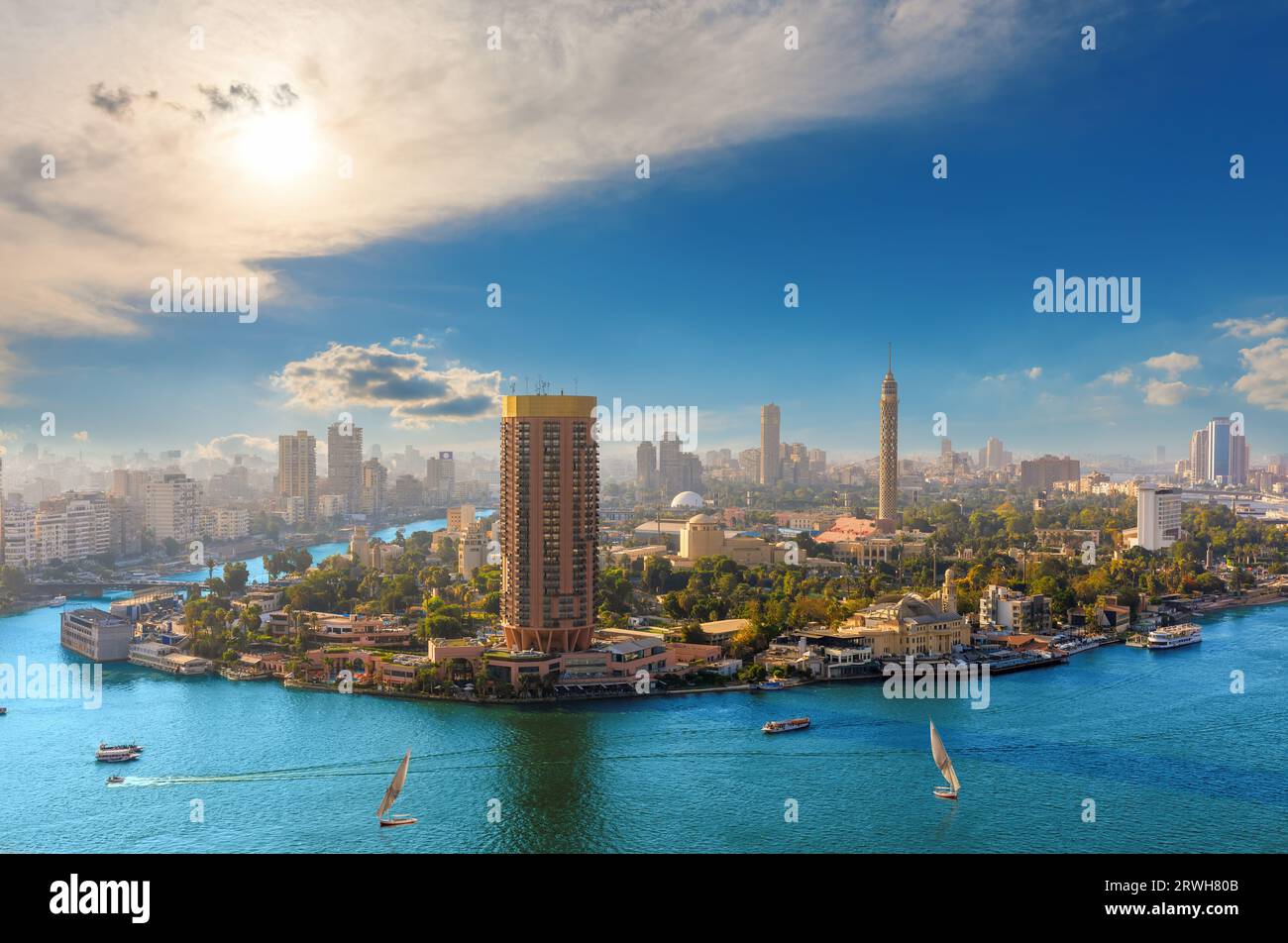 Aerial view on the centre of Cairo by the Nile river, Egypt Stock Photo ...