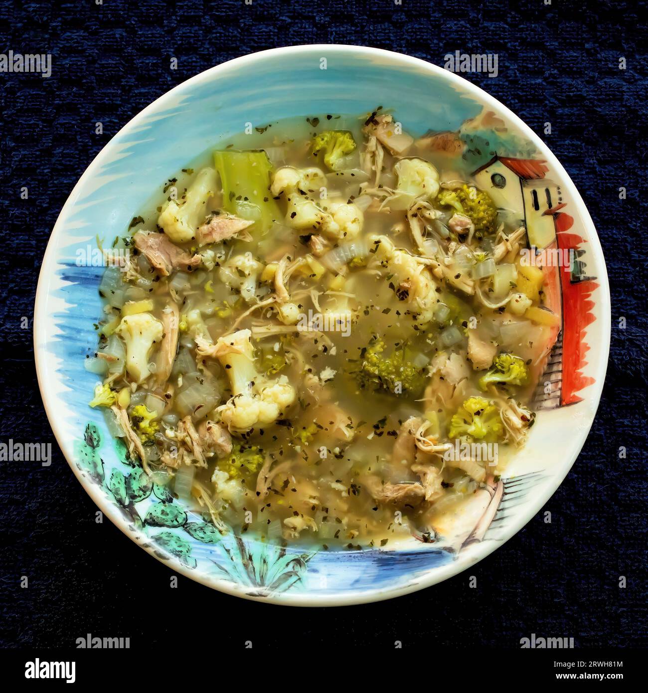 Delicious chicken soup with onion, garlic, ginger, broccoli, cauliflower, and avocado made on a cool late summer day in Taylors Falls, Minnesota USA. Stock Photo