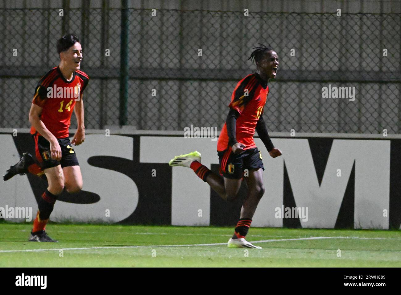 Gent, Belgium. 19th Sep, 2023. Aaron Murenzi (11) of Belgium celebrates after scoring the 2-0 goal during a football game between the national U16 teams of Belgium and Turkey at a U16 mini tournament on Tuesday 19 September 2023 in Gent, Belgium . Credit: sportpix/Alamy Live News Stock Photo