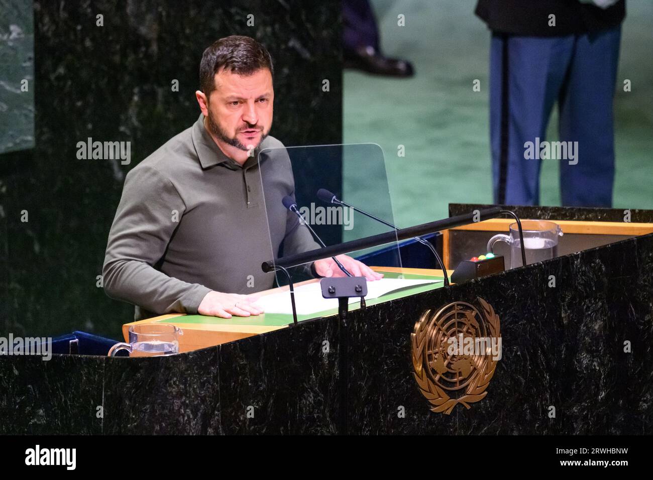 New York, USA. 19th Sep, 2023. Ukraine President Volodymyr Zelenskyy addresses the opening session of the 78th UN General Assembly at the UN headquarters. Credit: Enrique Shore/Alamy Live News Stock Photo