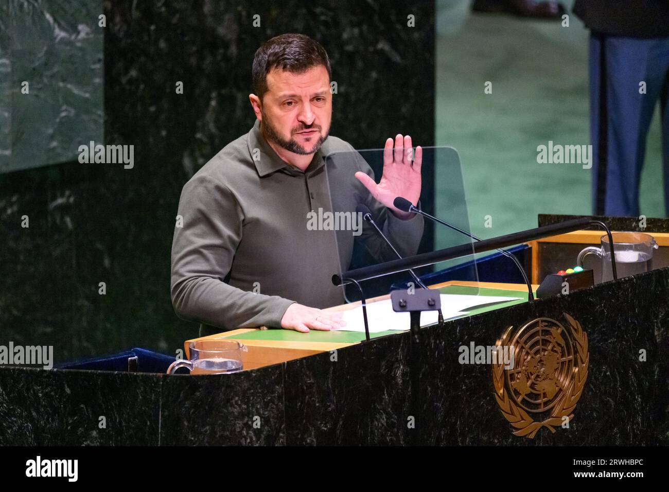 New York, USA. 19th Sep, 2023. Ukraine President Volodymyr Zelenskyy addresses the opening session of the 78th UN General Assembly at the UN headquarters. Credit: Enrique Shore/Alamy Live News Stock Photo