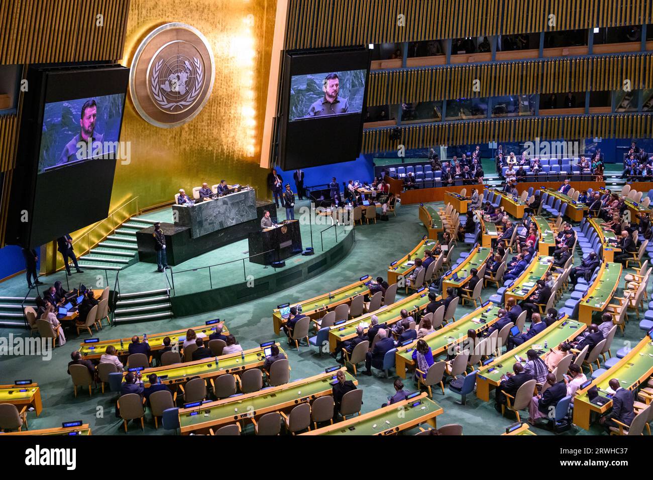 New York, USA. 19th Sep, 2023. Ukraine President Volodymyr Zelenskyy addresses the opening session of the 78th UN General Assembly at the UN headquarters. Credit: Enrique Shore/Alamy Live News Stock Photo