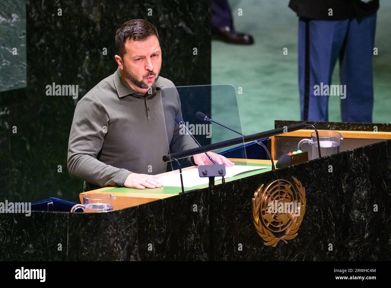 New York, USA. 19th Sep, 2023. Ukraine President Volodymyr Zelenskyy addresses the opening session of the 78th UN General Assembly at the UN headquarters. Credit: Enrique Shore/Alamy Live News Stock Photo