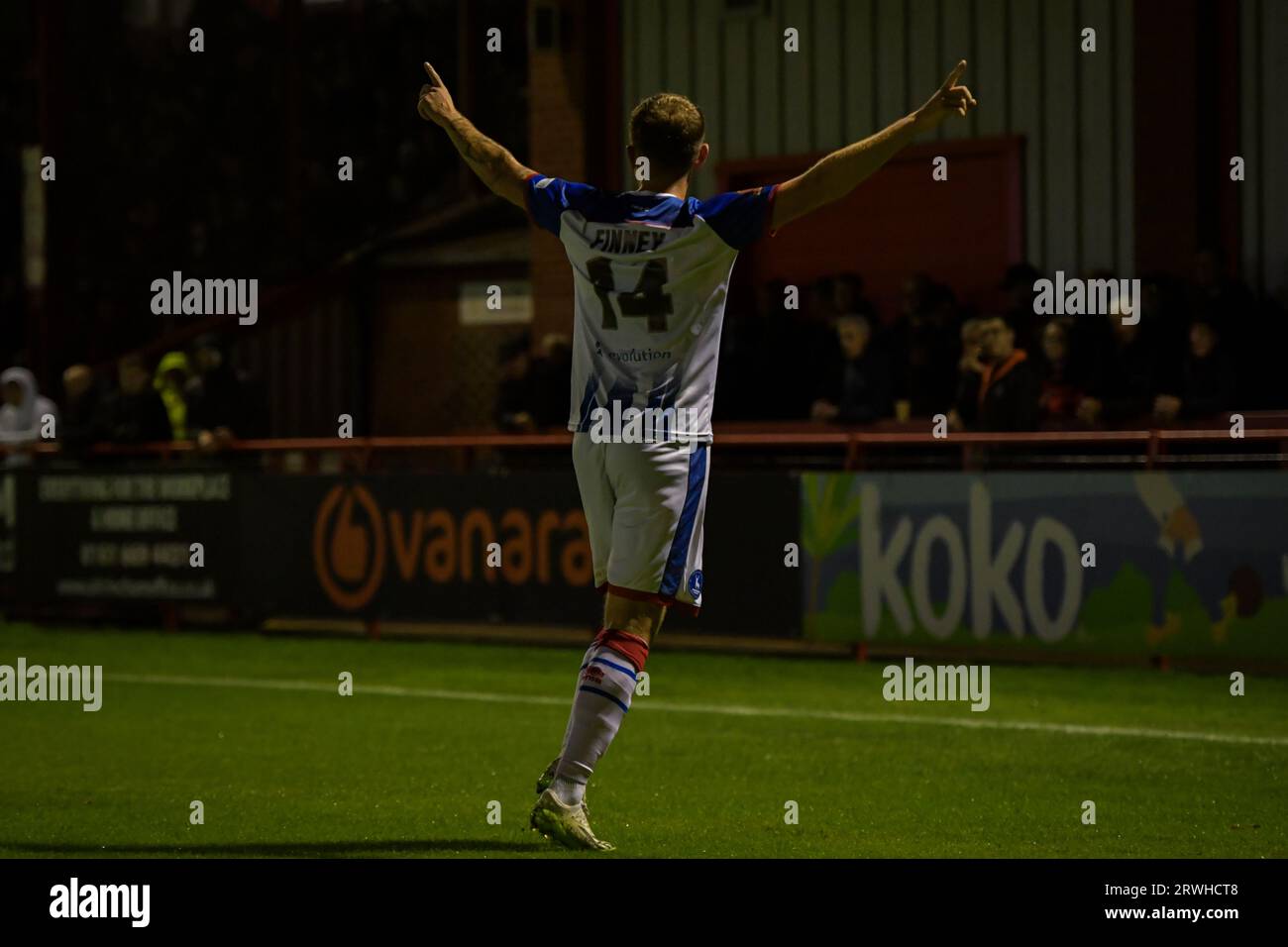 Hartlepool United's Ollie Finney during the Vanarama National League match  between Altrincham and Hartlepool United at Moss Lane, Altrincham on  Tuesday 19th September 2023. (Photo: Scott Llewellyn