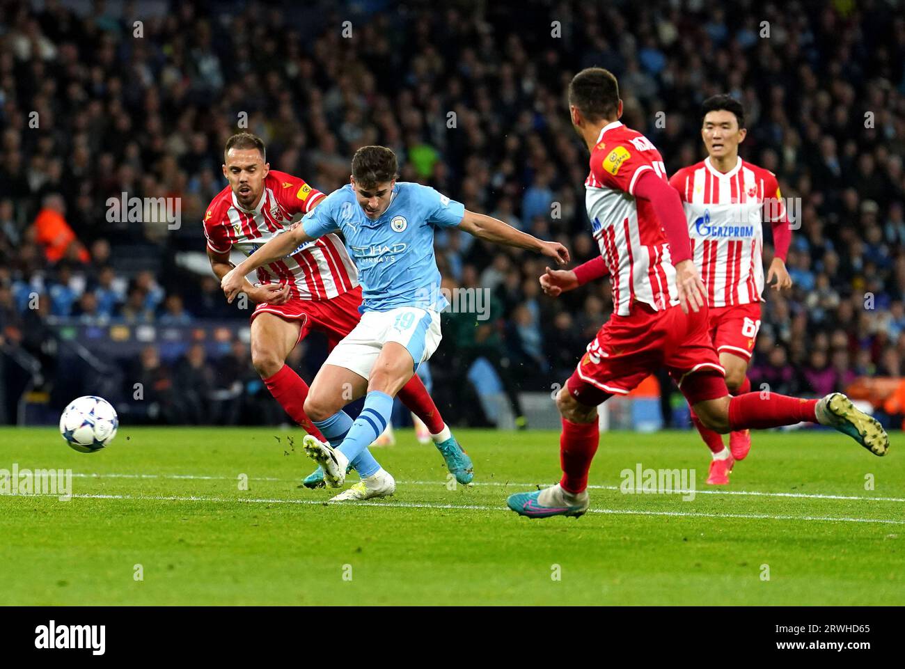 Manchester City's Julian Alvarez attempts a shot on goal during the UEFA Champions League Group G match at the Etihad Stadium, Manchester. Picture date: Tuesday September 19, 2023. Stock Photo