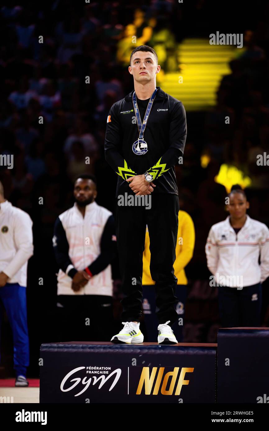 Irish gymnast Rhys McClaneghan seen receiving the silver medal during