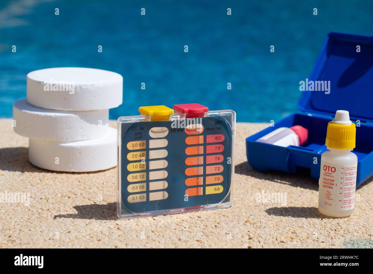 Complete kit for pH and chlorine levels analysis of pool water. Swim hygiene concept. Stock Photo
