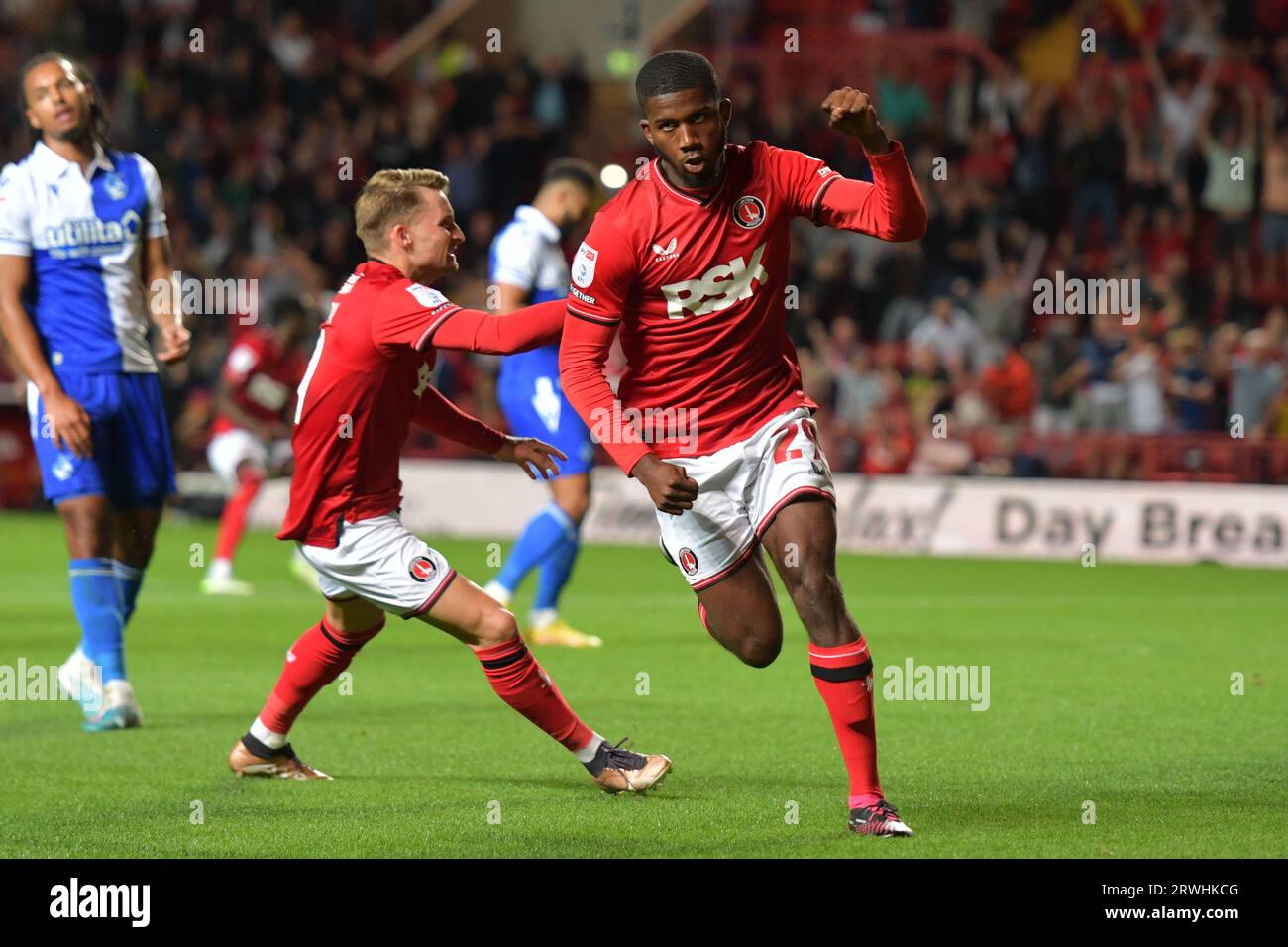 London, England. 15 Aug 2023. Daniel Kanu of Charlton Athletic celebrates scoring his side's first goal against Bristol Rovers at The Valley Stock Photo