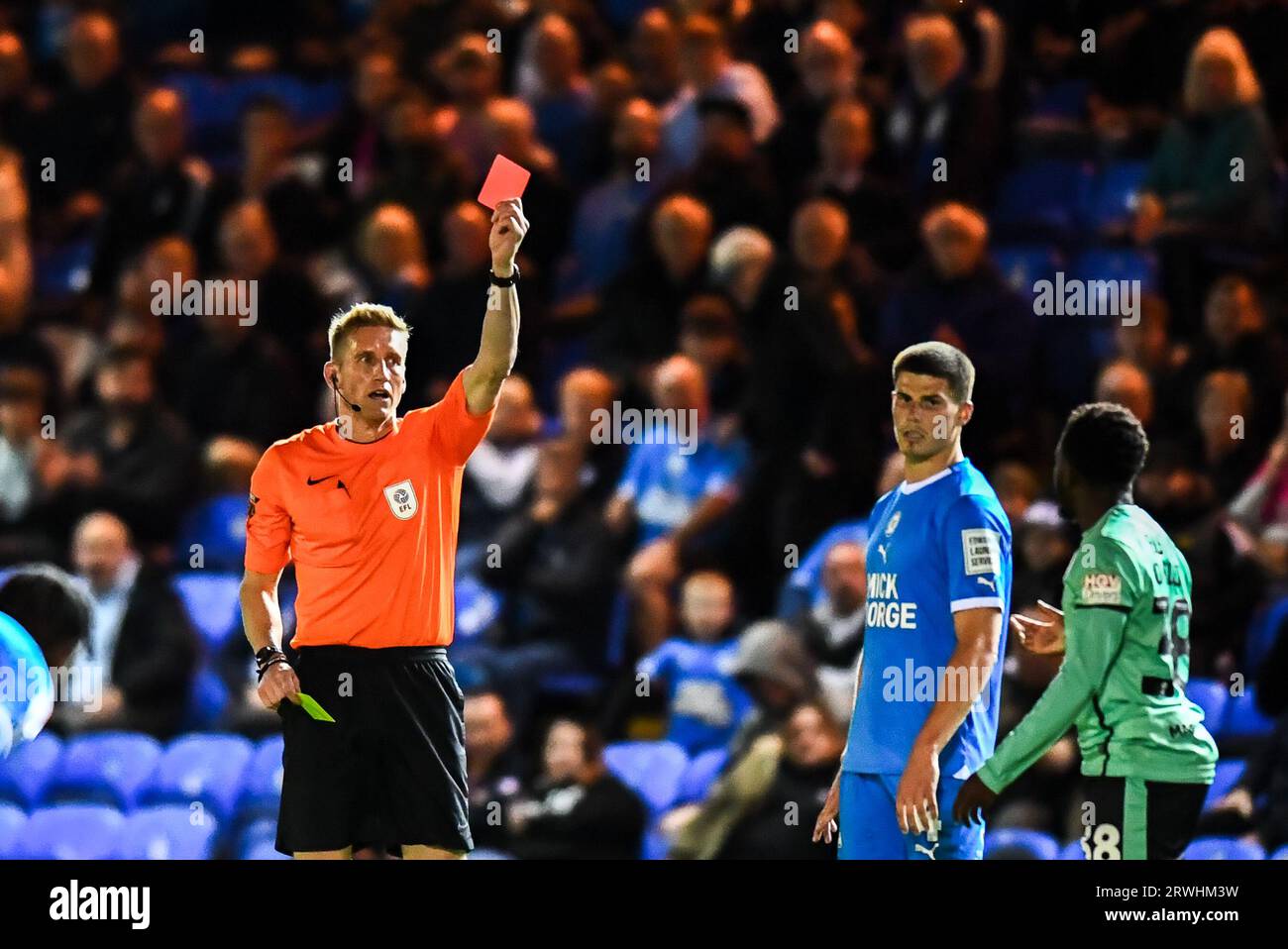 Nathan Butler Oyedeji (38 Cheltenham Town) red card during the Sky Bet League 1 match between Peterborough and Cheltenham Town at London Road, Peterborough on Tuesday 19th September 2023. (Photo: Kevin Hodgson | MI News) Credit: MI News & Sport /Alamy Live News Stock Photo