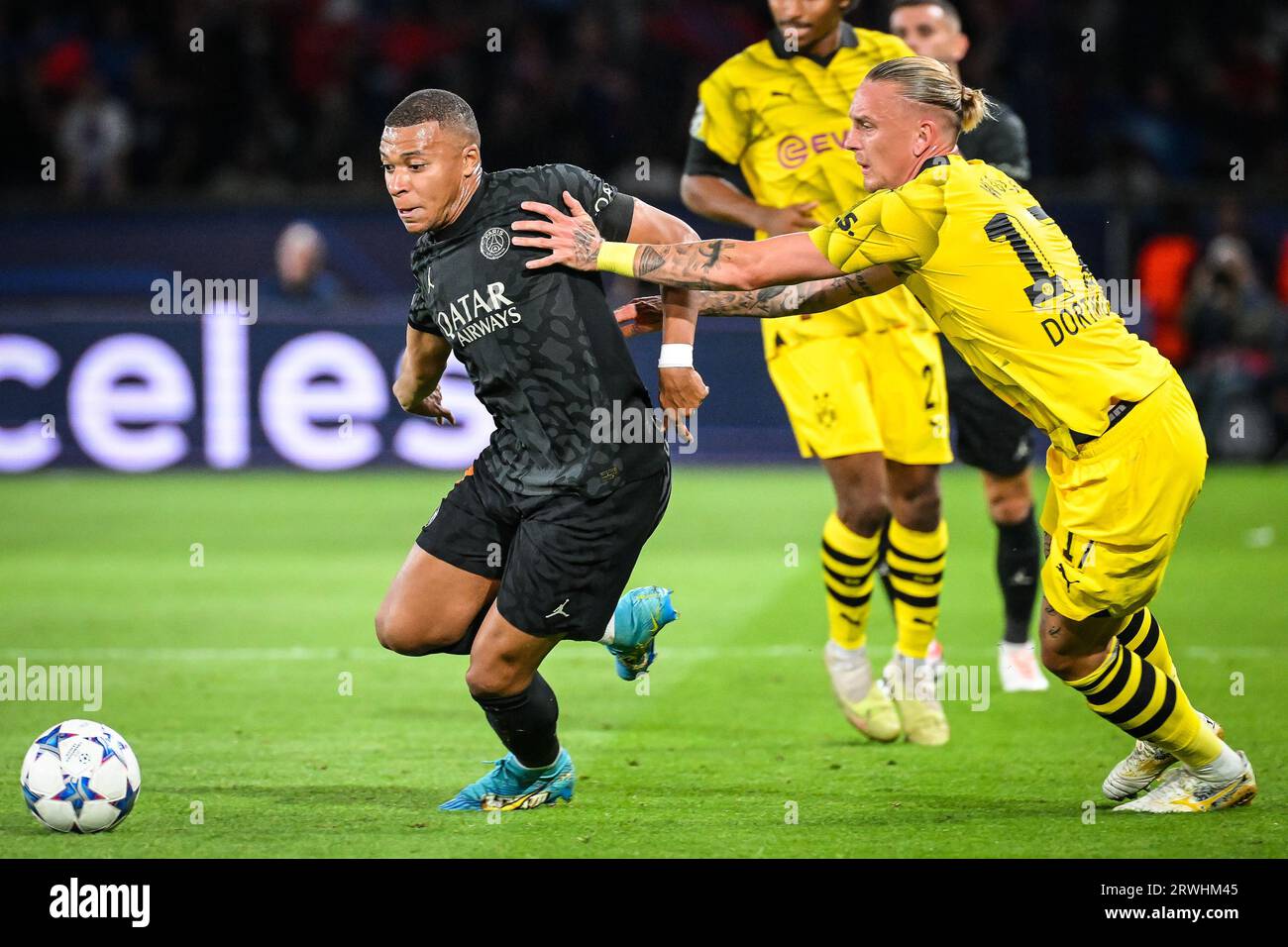 Kylian MBAPPE of PSG and Marius WOLF of Borussia Dortmund during the UEFA Champions League, Group F football match between Paris Saint Germain and Borussia Dortmund on September 19, 2023 at Parc des Princes stadium in Paris, France Stock Photo