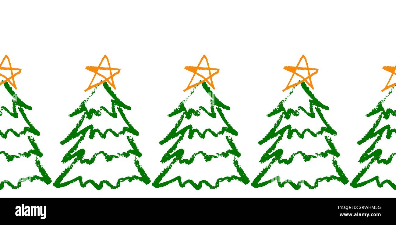 Christmas seamless border. Christmas tree, garland. Drawings with wax