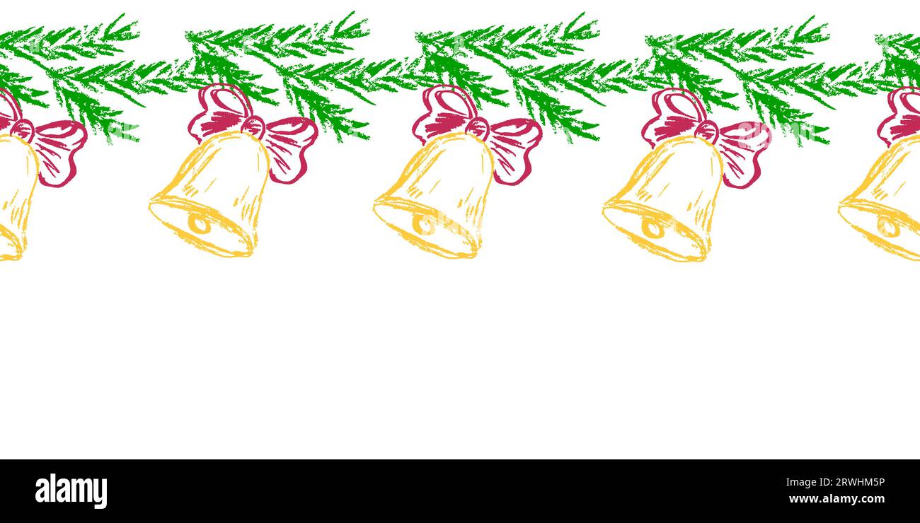 Seamless border. Christmas tree branches with decorations. Drawings with wax crayons. Vector design for paper, cover, fabric, interior and other use Stock Vector