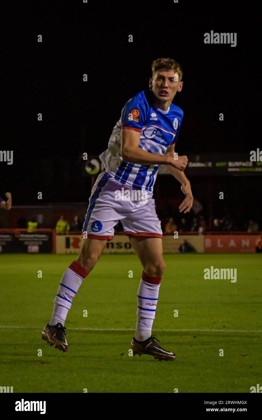 Hartlepool United's Ollie Finney during the Vanarama National League match  between Altrincham and Hartlepool United at Moss Lane, Altrincham on  Tuesday 19th September 2023. (Photo: Scott Llewellyn