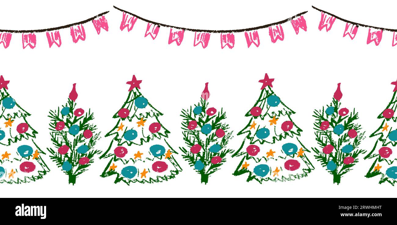 Christmas seamless border. Christmas tree, garland. Drawings with wax
