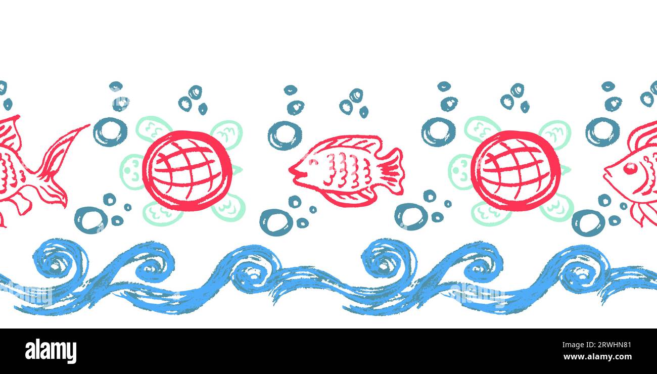 Waves, fish and marine life. Childish seamless border. Drawings with ...