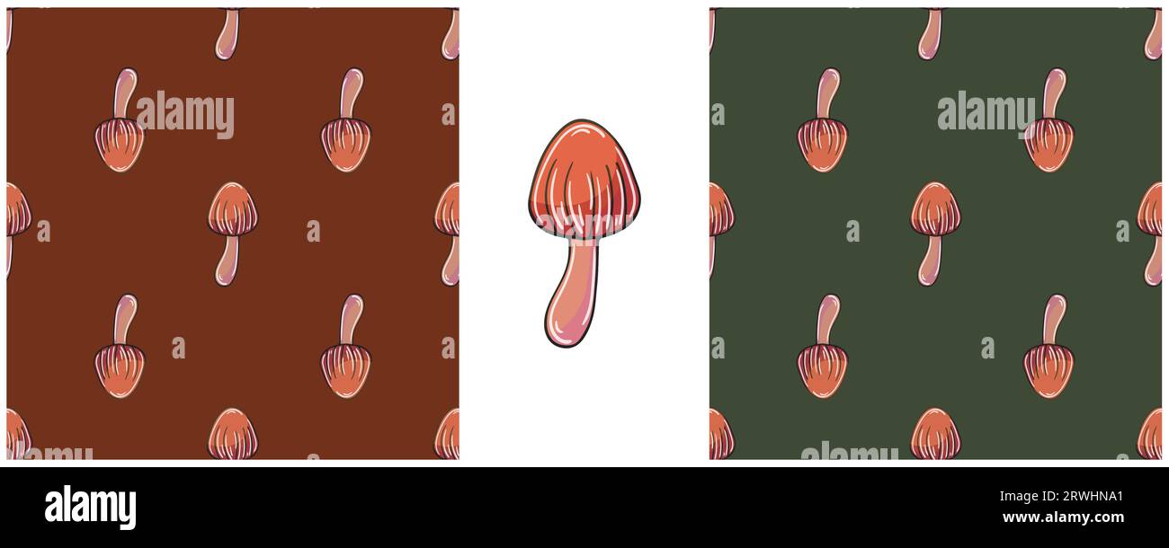 Illustration in hand draw style. Galerina marginata. Set Seamless pattern for kitchen, restaurant or shop. Can be used for fabric, packaging and etc Stock Vector