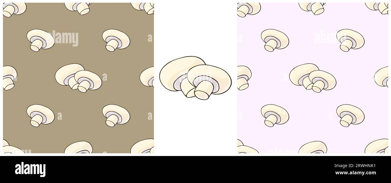Set Seamless pattern with forest mushrooms. Champignon. Can be used for fabric, packaging, wrapping and etc Stock Vector