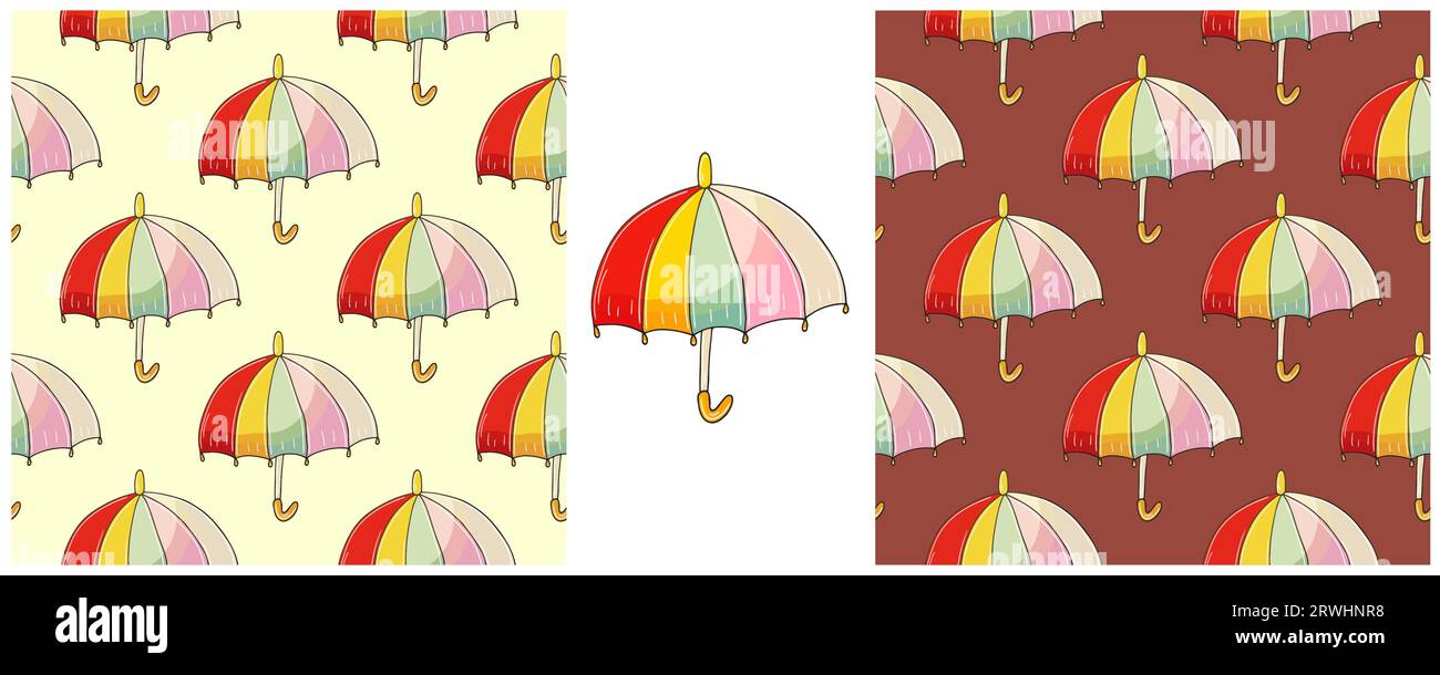 Seamless pattern with umbrellas. Bright autumn mood. Set Illustration in hand draw style Stock Vector