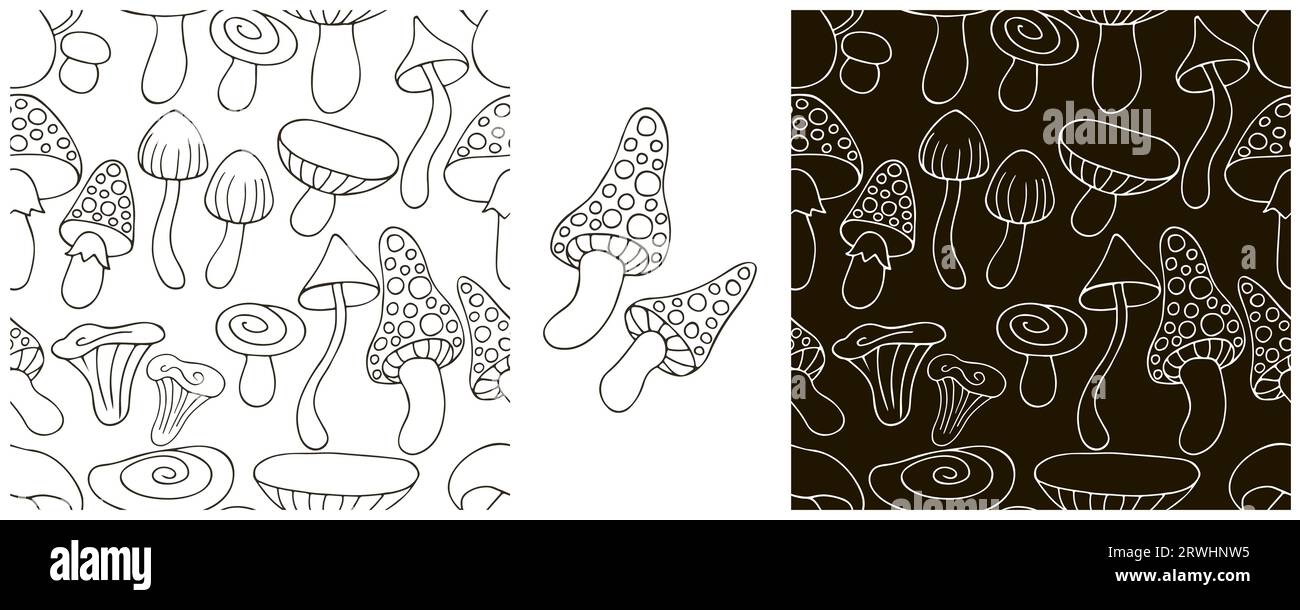 Monochrome. Set Seamless pattern with forest mushrooms. Can be used for fabric, packaging and etc Stock Vector