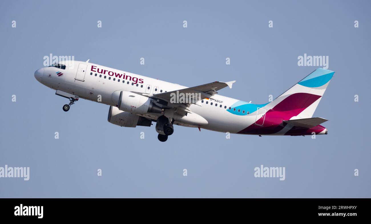 Airline Eurowings Airlines plane take off from the runway at Barcelona