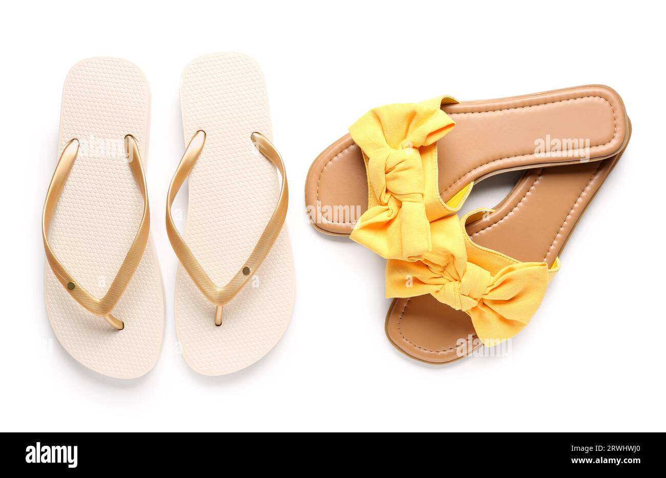 Colorful pairs of female flip flops on white background Stock Photo - Alamy