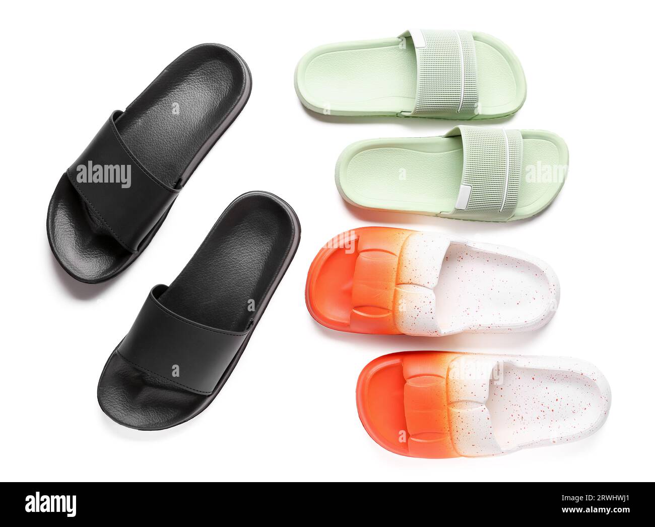 Colorful pairs of female flip flops on white background Stock Photo - Alamy