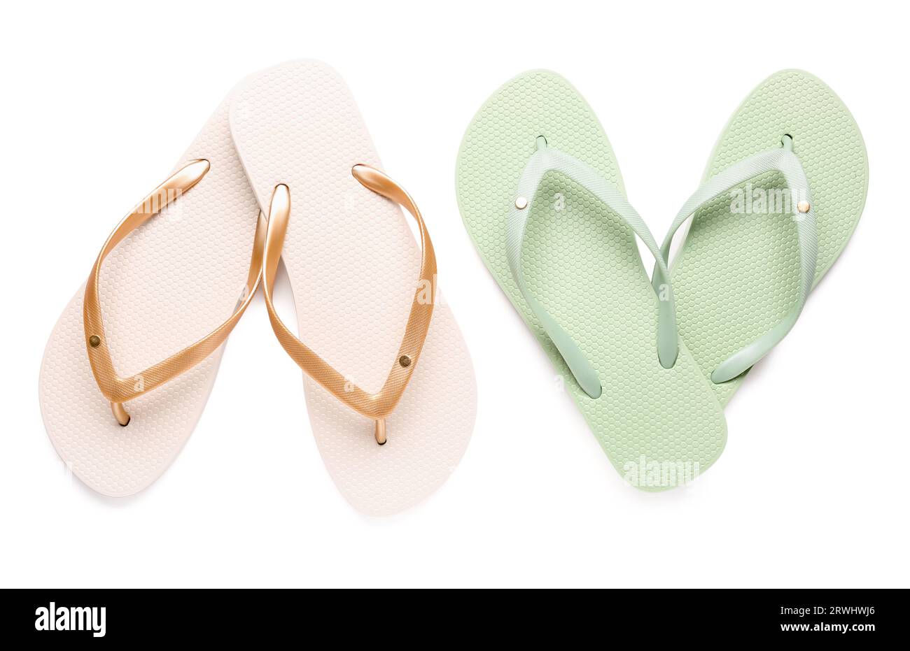 Colorful pairs of female flip flops on white background Stock Photo - Alamy