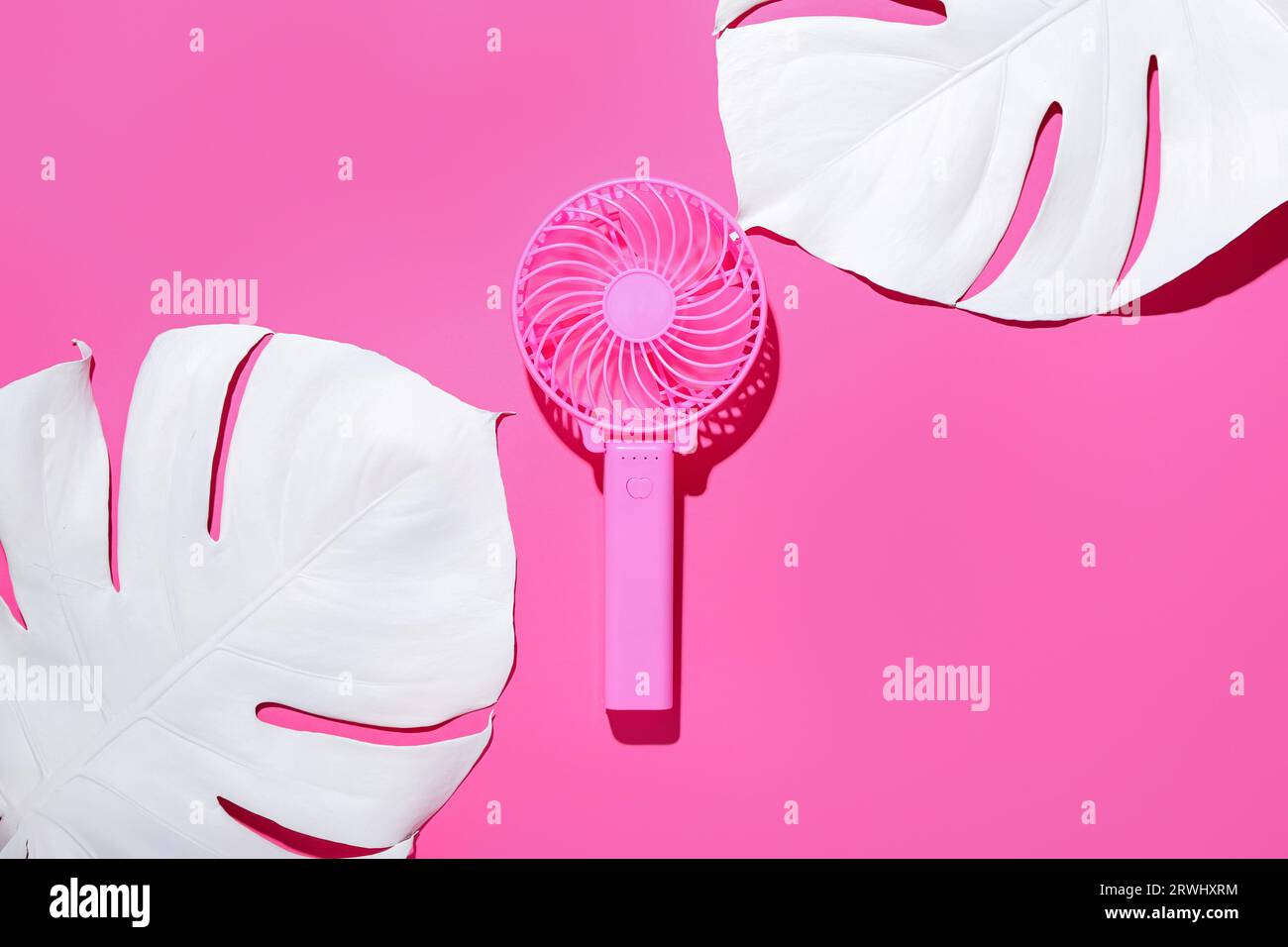 Monstera Fan Portable electric fan and paper monstera leaves on pink background ...