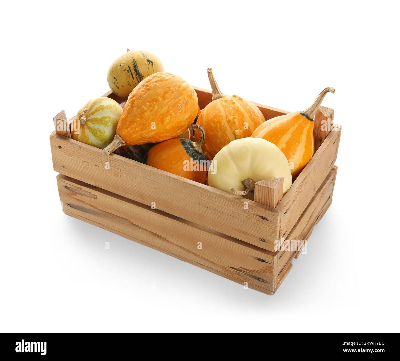 Wooden box with different fresh pumpkins on white background Stock ...