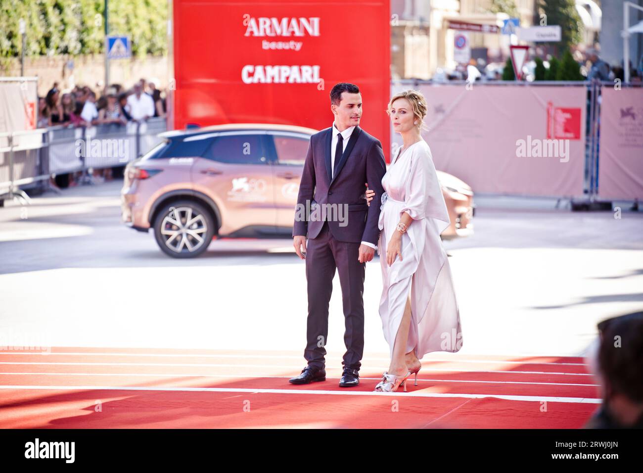 VENICE, ITALY - SEPTEMBER 06:  Violante Placido (R) and Brenno Placido attends a red carpet for the movie 'Io Capitano' at the 80th Venice Internation Stock Photo