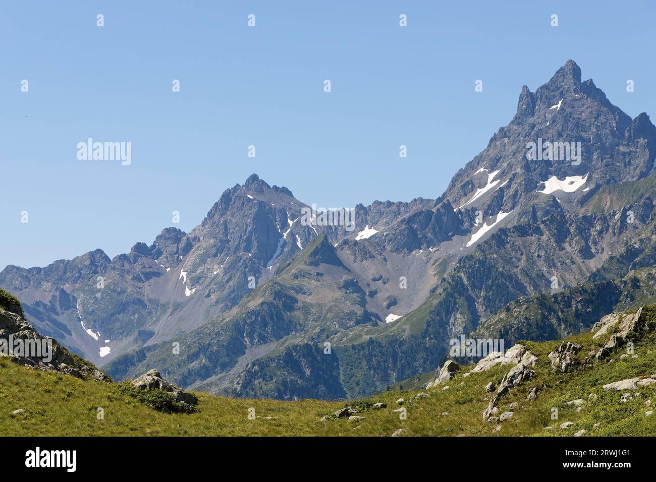 Grand Pic de Belledonne is the summit on the mountain range at nearly 3000m Stock Photo